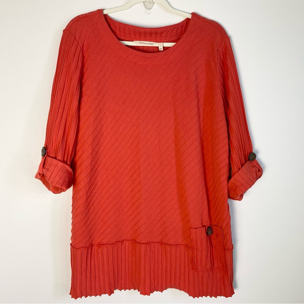 Soft Surroundings Coastal Top Large Coral Orange Bright Cotton Lagenlook Ribbed